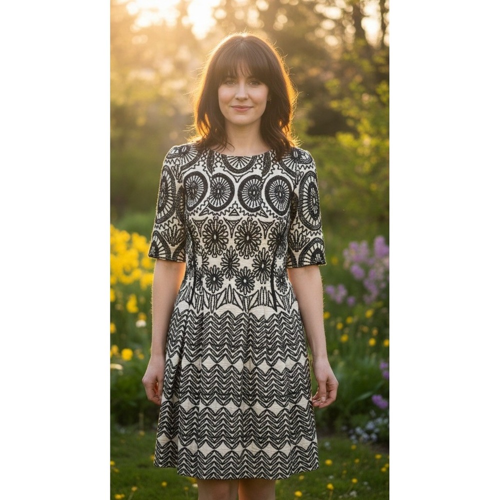 Gabby Skye‎ Geometric Pleated Dress Fit & Flare Size 10 Black White Stretch Boho